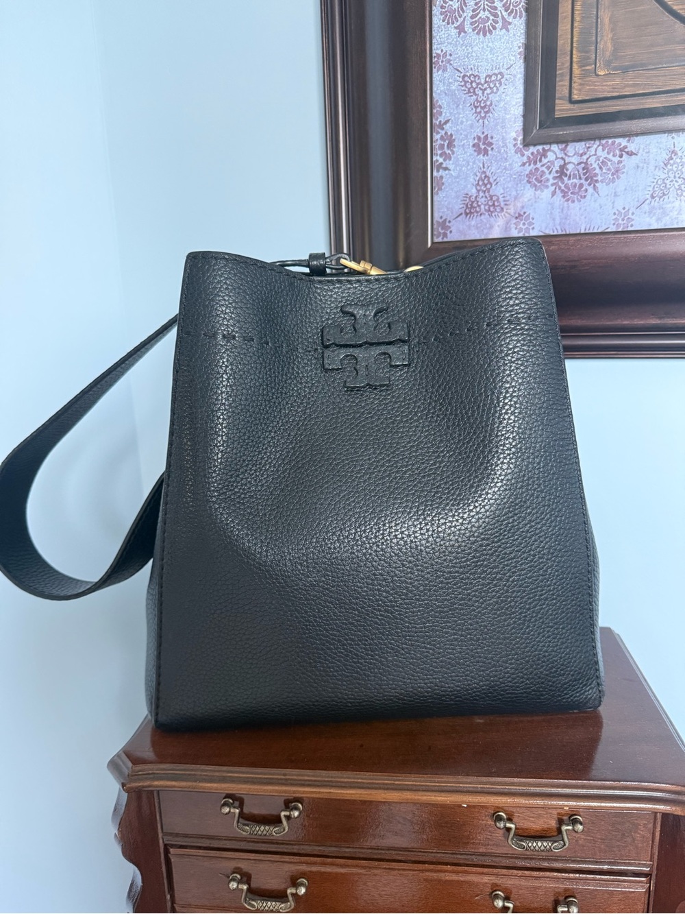 Tory Burch Black Pebbled Leather Bucket Shoulder Bag